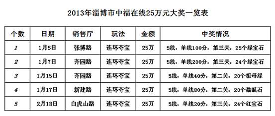 (2013年淄博市中福在线25万元大奖一览表)