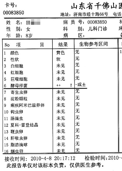 医院检测单,酵母样菌超标.