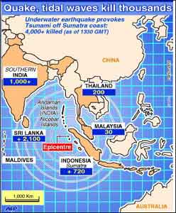 A graphic with map of Asia summarising the destruction wrought by the earthquake and tidal wave: updates death toll; revises map to incorportate Maldives and other islands.